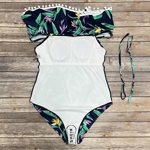 Shein Tropical Floral Flounce Navy One Piece Bathing Suit NWOT Medium Pom Poms - Picture 9 of 12